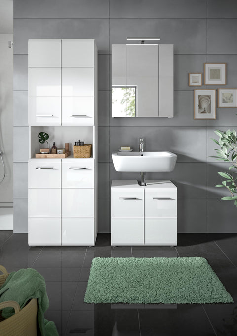 Rootz 2-Piece Set White High Gloss Bathroom Furniture - Vanity Set - Glossy Finish - Space-Saving - 60cm x 190cm x 32cm
