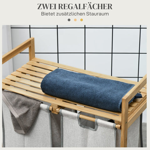 Rootz Laundry Collector with Two Spacious Baskets - Laundry Sorter - Bamboo Frame - Top Shelves - 64cm x 33cm x 73cm