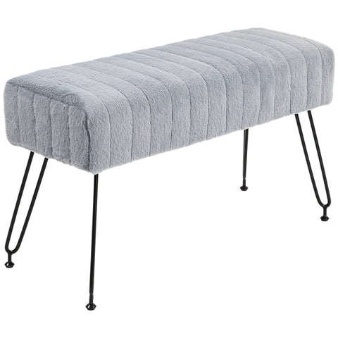 Rootz Faux Fur Padded Bench - Upholstered Seat - Entryway Hallway Bench - Grey - Eucalyptus Wood - Metal Legs - 82cm x 30cm x 47cm