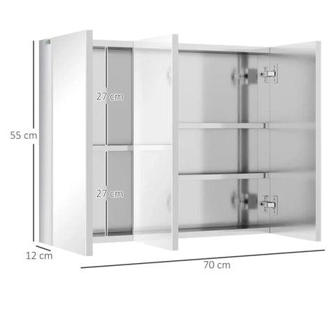 Rootz Mirror Cabinet - Bathroom Cabinet - 3 Mirror Doors - 5 Interior Shelves - Stainless Steel - Silver - 70 x 12 x 55 cm