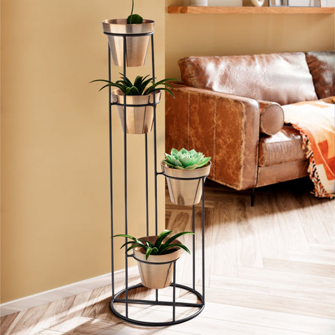 Rootz Modern Plant Stand - Flower Shelf - Flower Rack - Black & Gold - Handcrafted - Removable Pots - Aluminum - Iron - 40cm x 109cm x 40cm