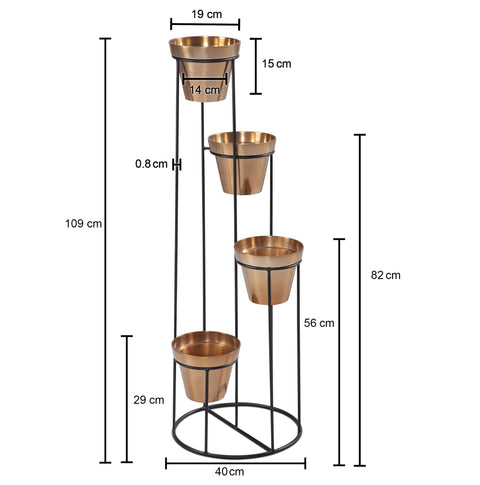 Rootz Modern Plant Stand - Flower Shelf - Flower Rack - Black & Gold - Handcrafted - Removable Pots - Aluminum - Iron - 40cm x 109cm x 40cm