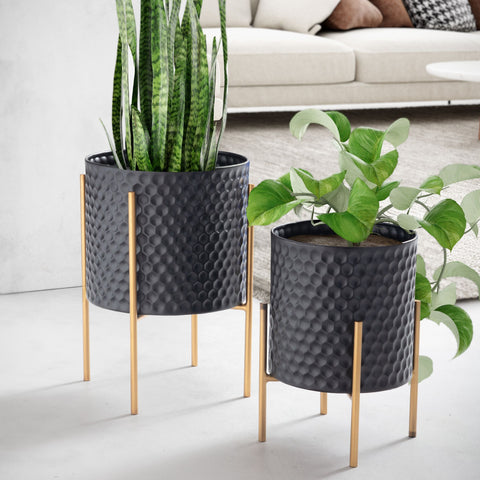 Rootz Flower Pot Set of 2 - Metal Plant Pots - Black & Gold Round Planters - Handcrafted - Honeycomb 3D Pattern - Durable Iron - 30cm x 44cm & 24cm x 35.5cm