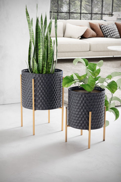 Rootz Flower Pot Set of 2 - Metal Plant Pots - Black & Gold Round Planters - Handcrafted - Honeycomb 3D Pattern - Durable Iron - 30cm x 44cm & 24cm x 35.5cm