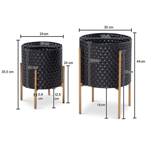 Rootz Flower Pot Set of 2 - Metal Plant Pots - Black & Gold Round Planters - Handcrafted - Honeycomb 3D Pattern - Durable Iron - 30cm x 44cm & 24cm x 35.5cm