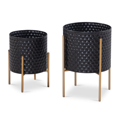 Rootz Flower Pot Set of 2 - Metal Plant Pots - Black & Gold Round Planters - Handcrafted - Honeycomb 3D Pattern - Durable Iron - 30cm x 44cm & 24cm x 35.5cm