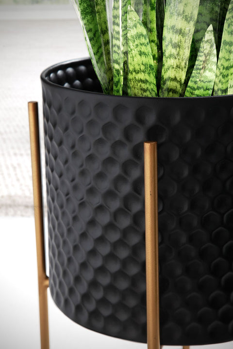 Rootz Flower Pot Set of 2 - Metal Plant Pots - Black & Gold Round Planters - Handcrafted - Honeycomb 3D Pattern - Durable Iron - 30cm x 44cm & 24cm x 35.5cm