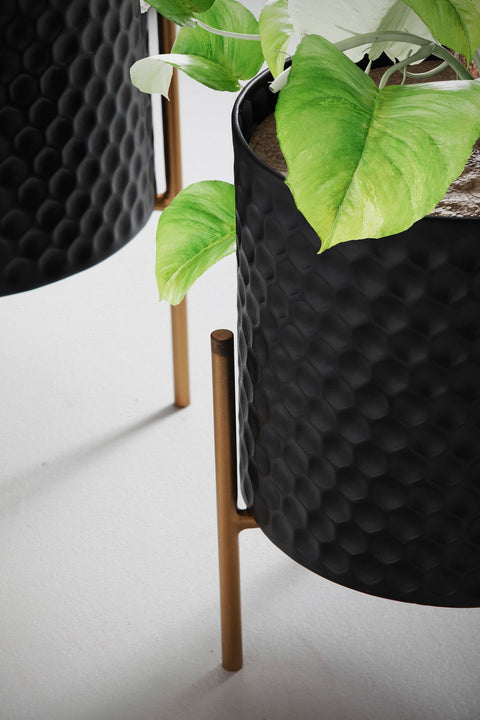 Rootz Flower Pot Set of 2 - Metal Plant Pots - Black & Gold Round Planters - Handcrafted - Honeycomb 3D Pattern - Durable Iron - 30cm x 44cm & 24cm x 35.5cm