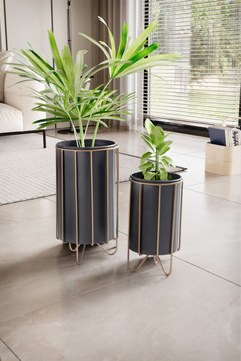 Rootz 2-delige set plantenpotten - bloempotten - modern design - elegantie en functionaliteit - zwart en goud - 22 cm x 43 cm x 22 cm - handgemaakt - gepoedercoat ijzer - 5 kg laadvermogen