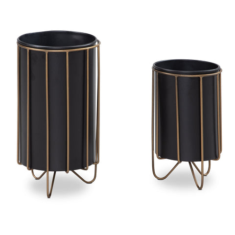 Rootz 2-delige set plantenpotten - bloempotten - modern design - elegantie en functionaliteit - zwart en goud - 22 cm x 43 cm x 22 cm - handgemaakt - gepoedercoat ijzer - 5 kg laadvermogen