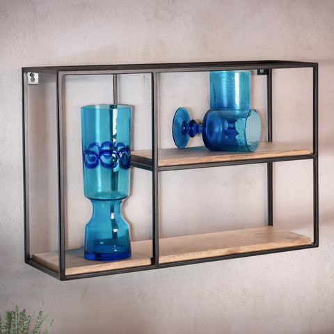 Rootz Modern Industrial Wall Shelf - Solid Wood - Metal - 2 Shelves - Handmade - Unique - 60cm x 40cm x 18cm - Warm Dark Brown - Black Frame