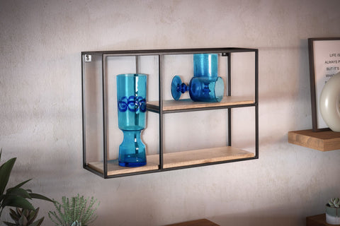 Rootz Modern Industrial Wall Shelf - Solid Wood - Metal - 2 Shelves - Handmade - Unique - 60cm x 40cm x 18cm - Warm Dark Brown - Black Frame