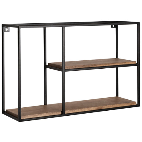Rootz Modern Industrial Wall Shelf - Solid Wood - Metal - 2 Shelves - Handmade - Unique - 60cm x 40cm x 18cm - Warm Dark Brown - Black Frame