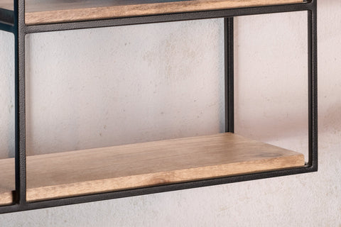 Rootz Modern Industrial Wall Shelf - Solid Wood - Metal - 2 Shelves - Handmade - Unique - 60cm x 40cm x 18cm - Warm Dark Brown - Black Frame