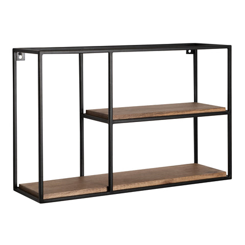Rootz Modern Industrial Wall Shelf - Solid Wood - Metal - 2 Shelves - Handmade - Unique - 60cm x 40cm x 18cm - Warm Dark Brown - Black Frame