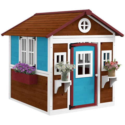 Rootz Children's Playhouse - Wooden Playhouse - Weatherproof - Flower Boxes - Fir Wood - Brown+Blue+White+Red - 114L x 126.4W x 135H cm