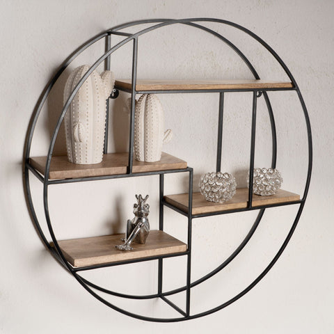 Rootz Modern Industrial Style Wall Shelf - Solid Wood - Metal - Four Shelves - Handmade - Unique Piece - 70cm x 70cm x 18cm - Warm Dark Brown - Black Frame - Mango Wood - Powder-Coated Iron - 5kg Load Capacity