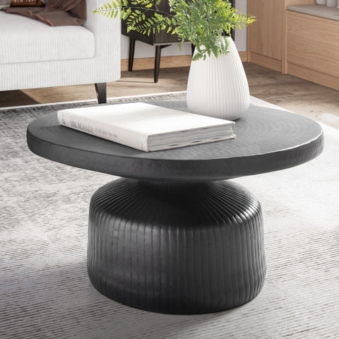 Rootz Modern Design Round Coffee Table - Elegant Slat Look - Hammered Table Top - Handcrafted - Unique - Powder-Coated Aluminum - 65cm x 65cm x 35cm