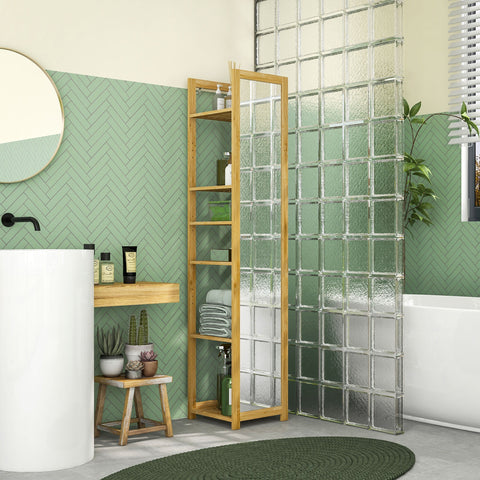 Rootz Tall Bathroom Cabinet - Bathroom Organizer - Bathroom Storage Unit - 6 Shelves & Mirror - Bamboo - 35W x 35D x 168H cm