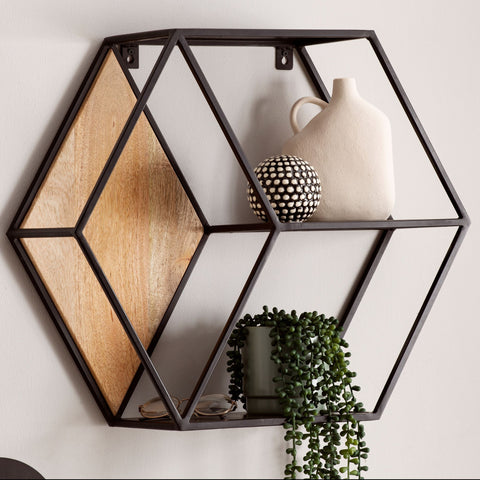 Rootz Hexagonal Wall Shelf - Industrial Style - Solid Wood - Metal - Three Shelves - Handmade - Unique - 60cm x 52cm x 20cm - Mango Wood - Powder-Coated Iron - Wall Mountable - Modern Design - Decorative - Plant Display - Easy to Clean