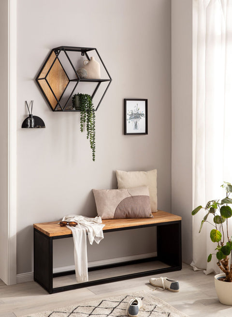 Rootz Hexagonal Wall Shelf - Industrial Style - Solid Wood - Metal - Three Shelves - Handmade - Unique - 60cm x 52cm x 20cm - Mango Wood - Powder-Coated Iron - Wall Mountable - Modern Design - Decorative - Plant Display - Easy to Clean