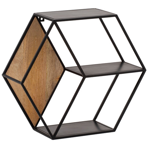 Rootz Hexagonal Wall Shelf - Industrial Style - Solid Wood - Metal - Three Shelves - Handmade - Unique - 60cm x 52cm x 20cm - Mango Wood - Powder-Coated Iron - Wall Mountable - Modern Design - Decorative - Plant Display - Easy to Clean