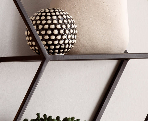 Rootz Hexagonal Wall Shelf - Industrial Style - Solid Wood - Metal - Three Shelves - Handmade - Unique - 60cm x 52cm x 20cm - Mango Wood - Powder-Coated Iron - Wall Mountable - Modern Design - Decorative - Plant Display - Easy to Clean