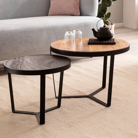 Rootz 2 Piece Set Modern Coffee Tables - Round Tables - Sofa Tables - Natural Wood Grain - Elegant Stone Look - Handmade - Unique Design - Large Table: 60cm x 60cm x 40cm, Small Table: 44cm x 44cm x 35cm