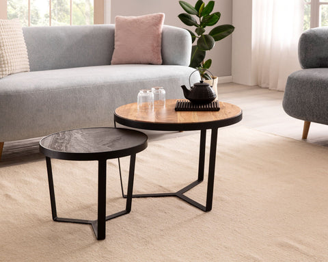 Rootz 2 Piece Set Modern Coffee Tables - Round Tables - Sofa Tables - Natural Wood Grain - Elegant Stone Look - Handmade - Unique Design - Large Table: 60cm x 60cm x 40cm, Small Table: 44cm x 44cm x 35cm