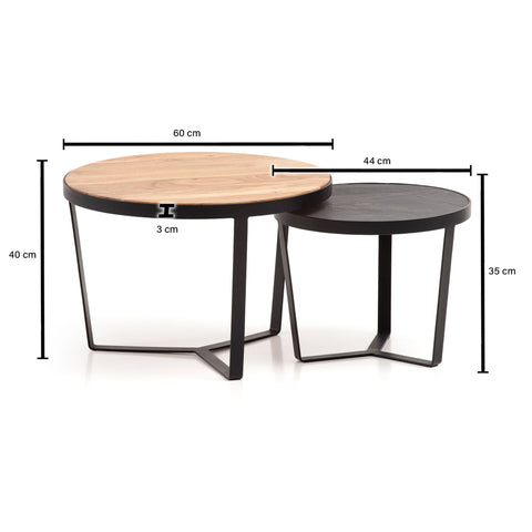 Rootz 2 Piece Set Modern Coffee Tables - Round Tables - Sofa Tables - Natural Wood Grain - Elegant Stone Look - Handmade - Unique Design - Large Table: 60cm x 60cm x 40cm, Small Table: 44cm x 44cm x 35cm
