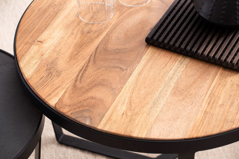 Rootz 2 Piece Set Modern Coffee Tables - Round Tables - Sofa Tables - Natural Wood Grain - Elegant Stone Look - Handmade - Unique Design - Large Table: 60cm x 60cm x 40cm, Small Table: 44cm x 44cm x 35cm