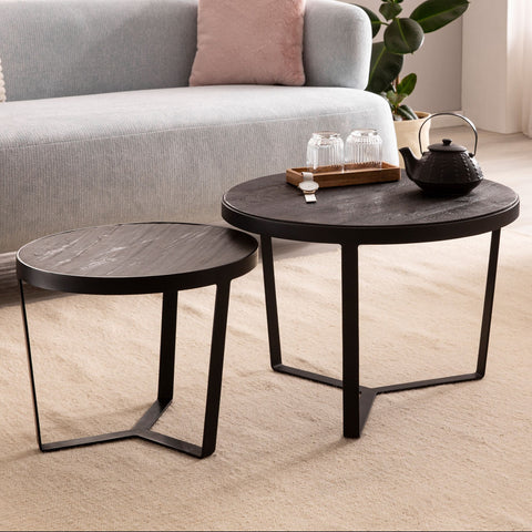 Rootz 2 Piece Set Coffee Tables - Modern Design - Round Tables - Natural Wood Grain - Elegant Stone Look - Handmade - Space-saving - Floor Protectors - Acacia Wood - MDF - Iron Frames - Large Table: 60cm x 60cm x 40cm, Small Table: 44cm x 44cm x 35cm