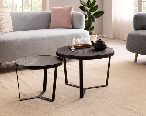 Rootz 2 Piece Set Coffee Tables - Modern Design - Round Tables - Natural Wood Grain - Elegant Stone Look - Handmade - Space-saving - Floor Protectors - Acacia Wood - MDF - Iron Frames - Large Table: 60cm x 60cm x 40cm, Small Table: 44cm x 44cm x 35cm