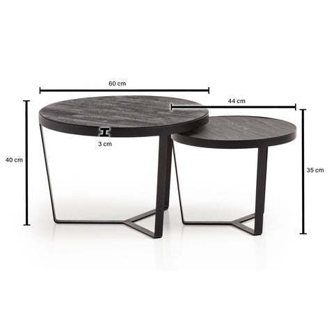 Rootz 2 Piece Set Coffee Tables - Modern Design - Round Tables - Natural Wood Grain - Elegant Stone Look - Handmade - Space-saving - Floor Protectors - Acacia Wood - MDF - Iron Frames - Large Table: 60cm x 60cm x 40cm, Small Table: 44cm x 44cm x 35cm