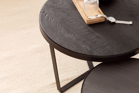 Rootz 2 Piece Set Coffee Tables - Modern Design - Round Tables - Natural Wood Grain - Elegant Stone Look - Handmade - Space-saving - Floor Protectors - Acacia Wood - MDF - Iron Frames - Large Table: 60cm x 60cm x 40cm, Small Table: 44cm x 44cm x 35cm