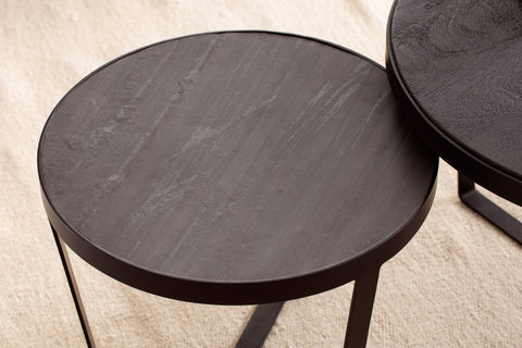 Rootz 2 Piece Set Coffee Tables - Modern Design - Round Tables - Natural Wood Grain - Elegant Stone Look - Handmade - Space-saving - Floor Protectors - Acacia Wood - MDF - Iron Frames - Large Table: 60cm x 60cm x 40cm, Small Table: 44cm x 44cm x 35cm