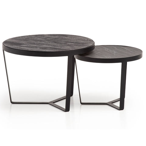 Rootz 2 Piece Set Coffee Tables - Modern Design - Round Tables - Natural Wood Grain - Elegant Stone Look - Handmade - Space-saving - Floor Protectors - Acacia Wood - MDF - Iron Frames - Large Table: 60cm x 60cm x 40cm, Small Table: 44cm x 44cm x 35cm