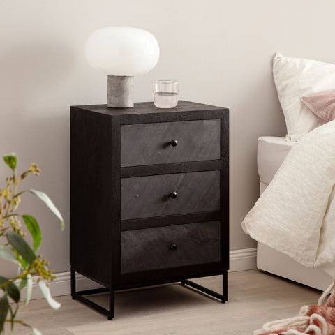 Rootz Modern Bedside Table - Nightstand - 3 Drawer Cabinet - Stone Look - Wood Grain - Handmade - Removable Drawers - Height Adjustable Knobs - Anti-Slip Feet - 40cm x 60cm x 30cm