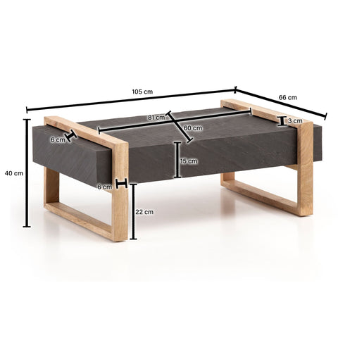 Rootz Modern Design Coffee Table - Rectangular Table - Anthracite Surface - Handmade - Wood Protection - 105cm x 66cm x 40cm