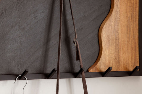 Rootz Modern Design Kapstok - Wandkapstok - Robuuste haken - Houtnerf en steenlook - 80cm x 36cm x 6cm - Handgemaakt - Mangohout - Zwart metalen frame - Uniek design - Eenvoudige montage