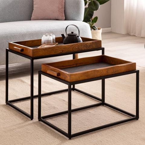 Rootz 2 Piece Set Coffee Tables - Rectangular Tables - Modern Design - 3D Stone Look - Handmade - Mango Wood - Floor Protectors - Large Table: 60cm x 40cm x 46cm, Small Table: 54cm x 37cm x 37cm
