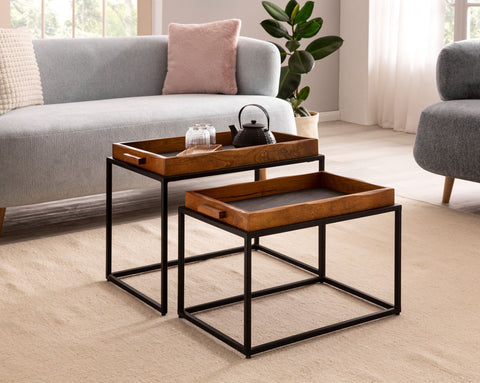 Rootz 2 Piece Set Coffee Tables - Rectangular Tables - Modern Design - 3D Stone Look - Handmade - Mango Wood - Floor Protectors - Large Table: 60cm x 40cm x 46cm, Small Table: 54cm x 37cm x 37cm