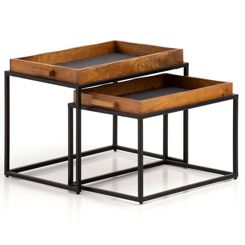 Rootz 2 Piece Set Coffee Tables - Rectangular Tables - Modern Design - 3D Stone Look - Handmade - Mango Wood - Floor Protectors - Large Table: 60cm x 40cm x 46cm, Small Table: 54cm x 37cm x 37cm