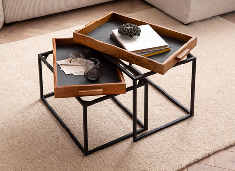 Rootz 2 Piece Set Coffee Tables - Rectangular Tables - Modern Design - 3D Stone Look - Handmade - Mango Wood - Floor Protectors - Large Table: 60cm x 40cm x 46cm, Small Table: 54cm x 37cm x 37cm