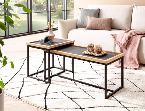 Rootz 2 Piece Set Coffee Tables - Rectangular Tables - Modern Design - Natural Wood Grain - 3D Stone Look - Handmade - Unique - Height Adjustable Nubs - Mango Solid Wood - MDF & Plastic - Powder-Coated Iron - 90cm x 40cm x 40cm & 40cm x 50cm x 45cm