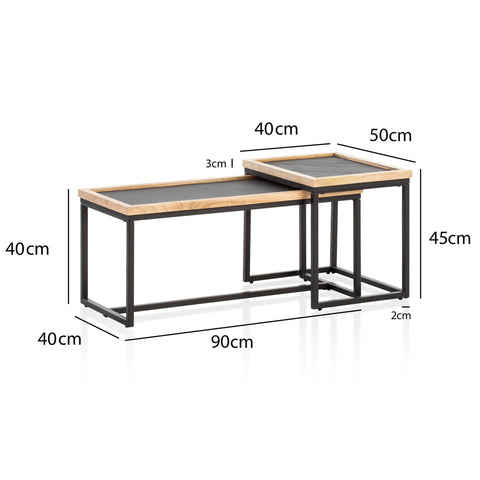 Rootz 2 Piece Set Coffee Tables - Rectangular Tables - Modern Design - Natural Wood Grain - 3D Stone Look - Handmade - Unique - Height Adjustable Nubs - Mango Solid Wood - MDF & Plastic - Powder-Coated Iron - 90cm x 40cm x 40cm & 40cm x 50cm x 45cm