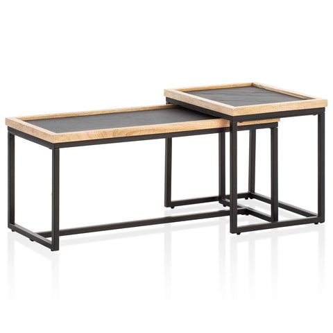 Rootz 2 Piece Set Coffee Tables - Rectangular Tables - Modern Design - Natural Wood Grain - 3D Stone Look - Handmade - Unique - Height Adjustable Nubs - Mango Solid Wood - MDF & Plastic - Powder-Coated Iron - 90cm x 40cm x 40cm & 40cm x 50cm x 45cm