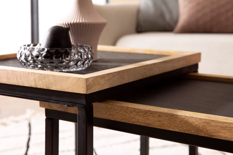 Rootz 2 Piece Set Coffee Tables - Rectangular Tables - Modern Design - Natural Wood Grain - 3D Stone Look - Handmade - Unique - Height Adjustable Nubs - Mango Solid Wood - MDF & Plastic - Powder-Coated Iron - 90cm x 40cm x 40cm & 40cm x 50cm x 45cm