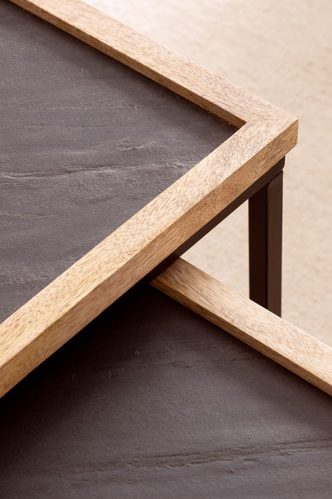 Rootz 2 Piece Set Coffee Tables - Rectangular Tables - Modern Design - Natural Wood Grain - 3D Stone Look - Handmade - Unique - Height Adjustable Nubs - Mango Solid Wood - MDF & Plastic - Powder-Coated Iron - 90cm x 40cm x 40cm & 40cm x 50cm x 45cm