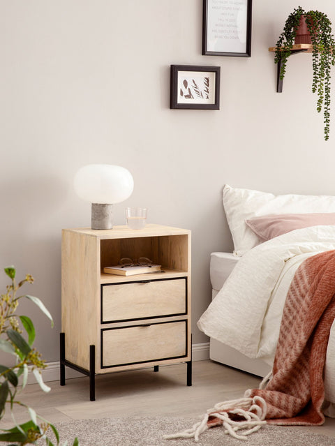 Rootz Modern Bedside Table - Nightstand - End Table - Metal and Wood - 43cm x 60cm x 30cm - Handcrafted - Unique Design - Drawer and Compartment - Light Brown and Black - 5kg Capacity - Mango Wood - Easy Assembly